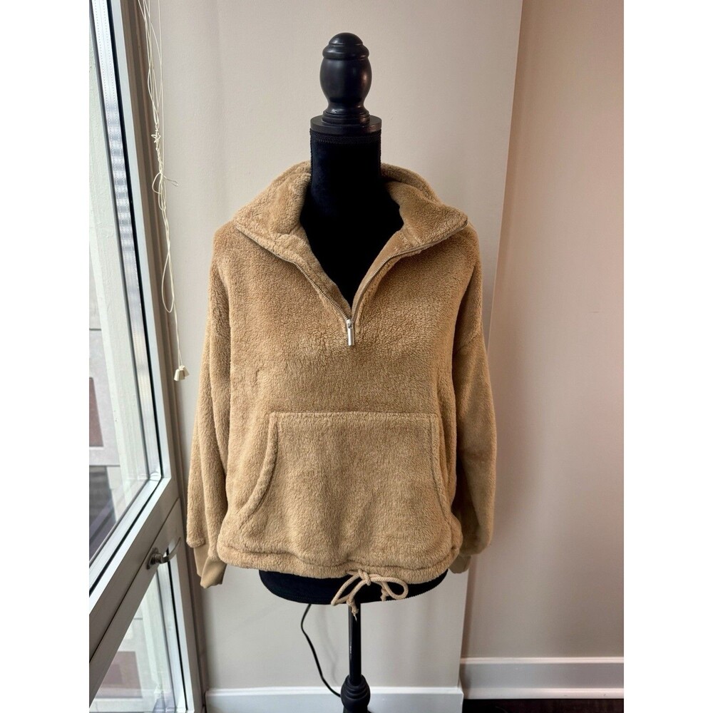 Old Navy Tan Fuzzy 1/4 Zip Crop Long Sleeve Fleece Sweatshirt Size Medium
